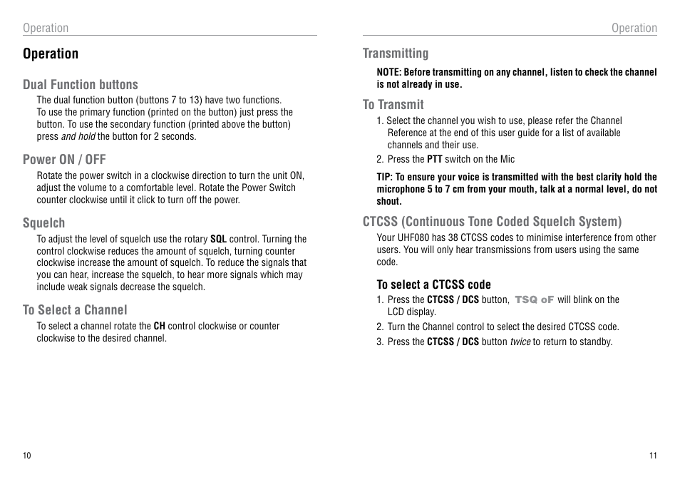 Operation | Oricom 40 CHANNEL UHF CB UHF080 User Manual | Page 6 / 13