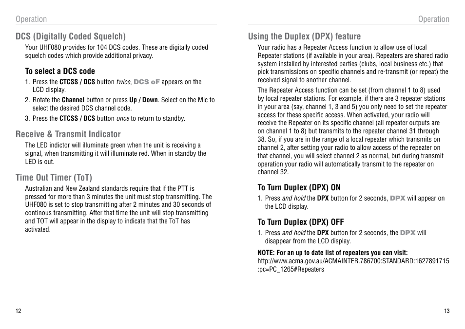 Dcs (digitally coded squelch), Receive & transmit indicator, Time out timer (tot) | Using the duplex (dpx) feature | Oricom 40 CHANNEL UHF CB UHF080 User Manual | Page 7 / 13