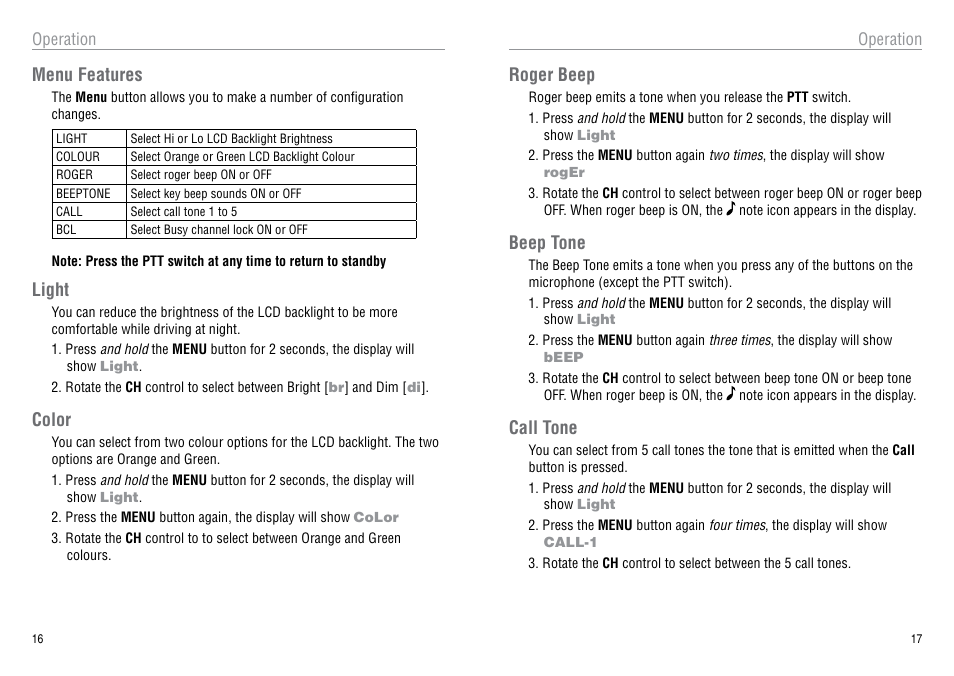 Roger beep, Beep tone, Call tone | Menu features, Light, Color | Oricom 40 CHANNEL UHF CB UHF080 User Manual | Page 9 / 13