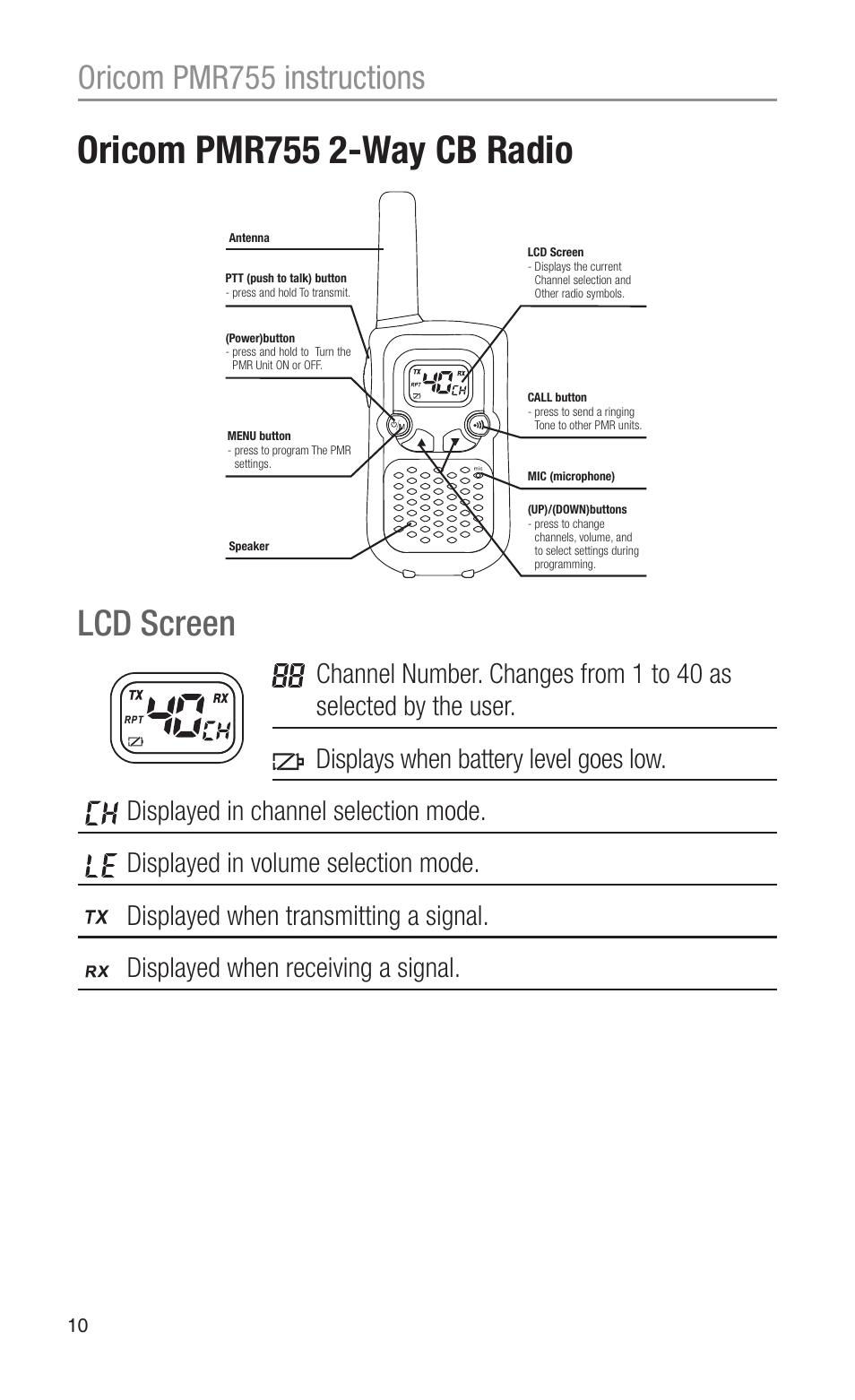 Oricom pmr755 2-way cb radio, Lcd screen, Oricom pmr755 instructions | Oricom PMR755 User Manual | Page 10 / 20