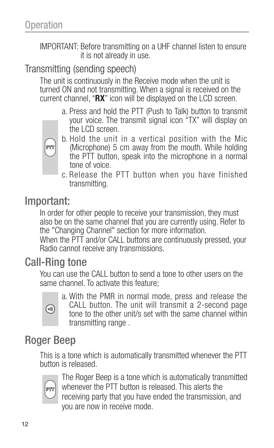 Important, Call-ring tone, Roger beep | Operation, Transmitting (sending speech) | Oricom PMR755 User Manual | Page 12 / 20