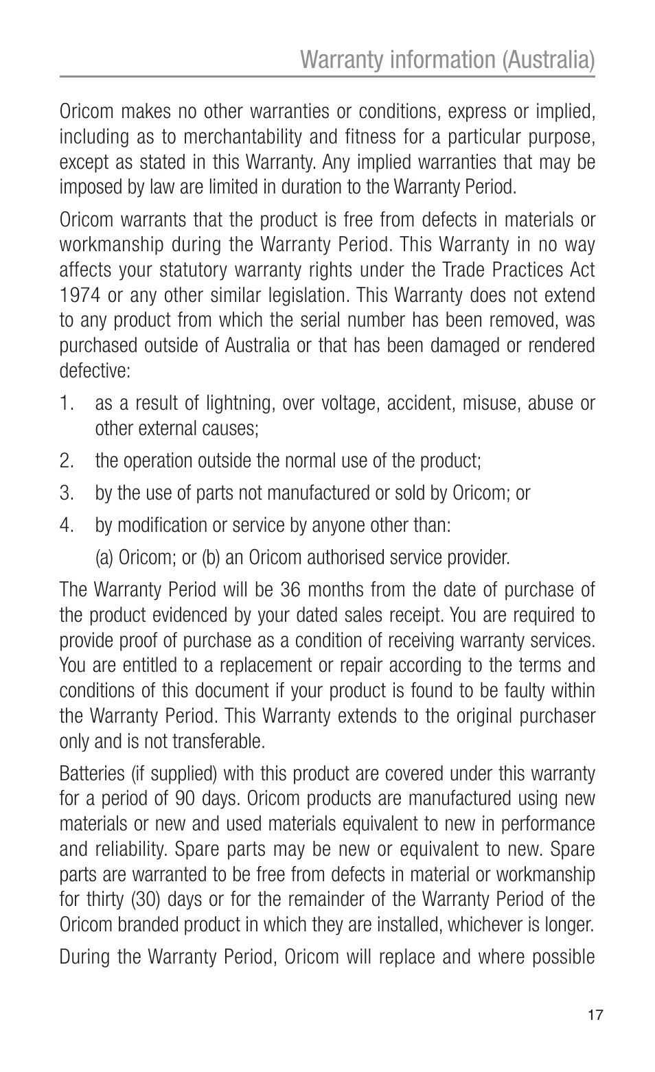 Warranty information (australia) | Oricom PMR755 User Manual | Page 17 / 20