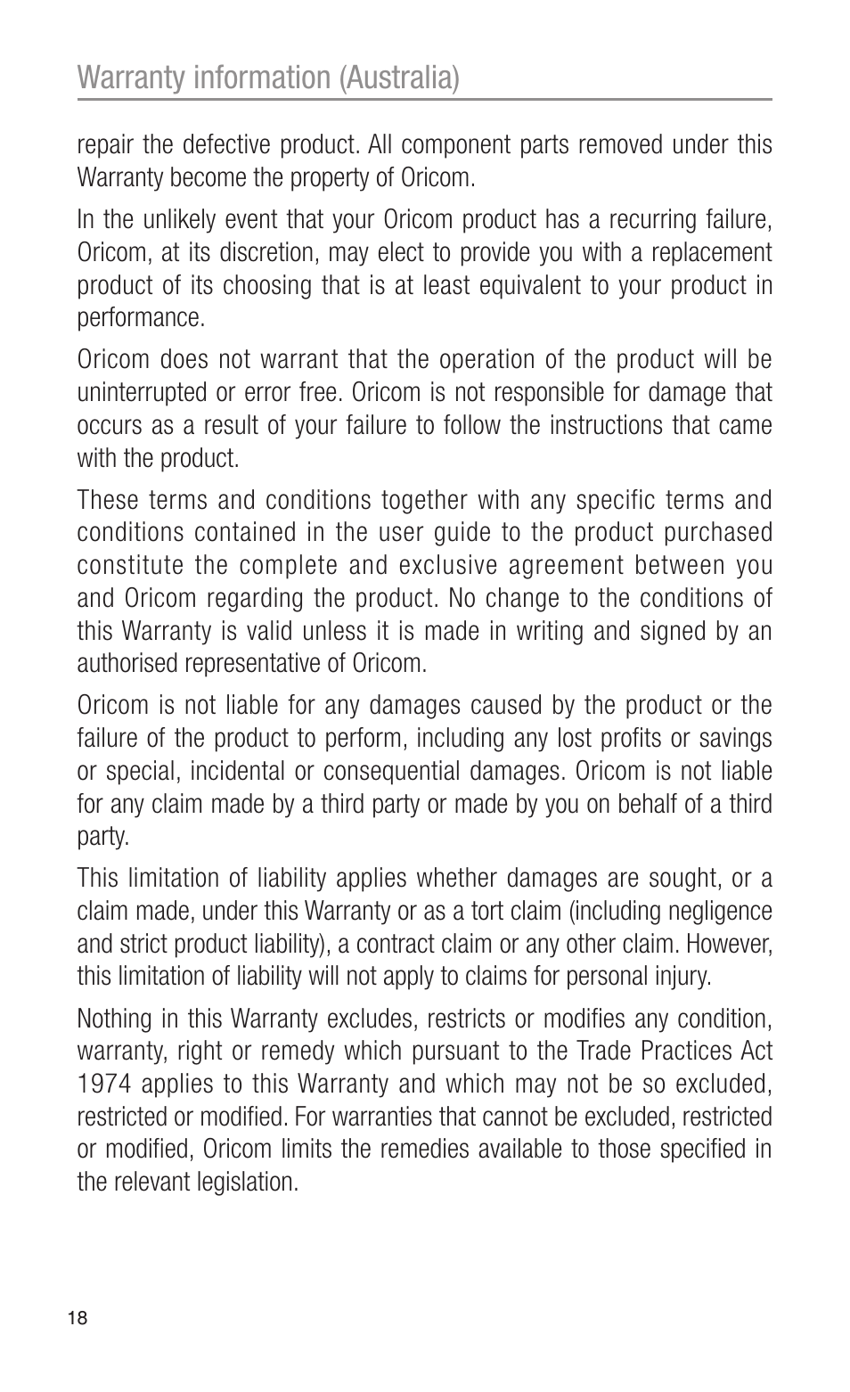Warranty information (australia) | Oricom PMR755 User Manual | Page 18 / 20