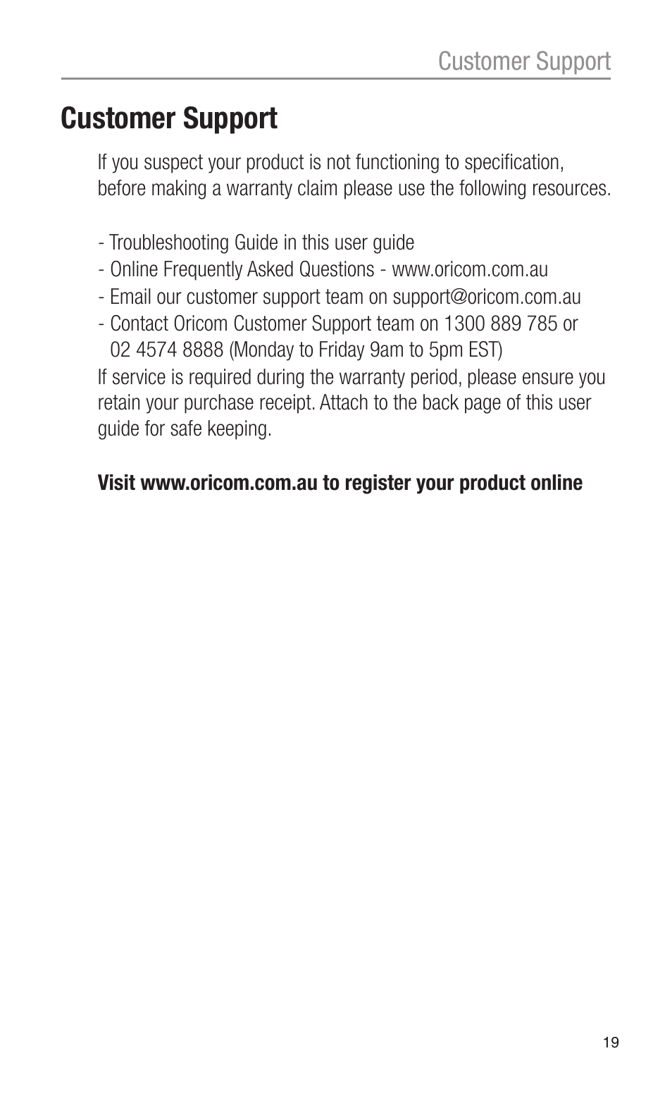 Customer support | Oricom PMR755 User Manual | Page 19 / 20