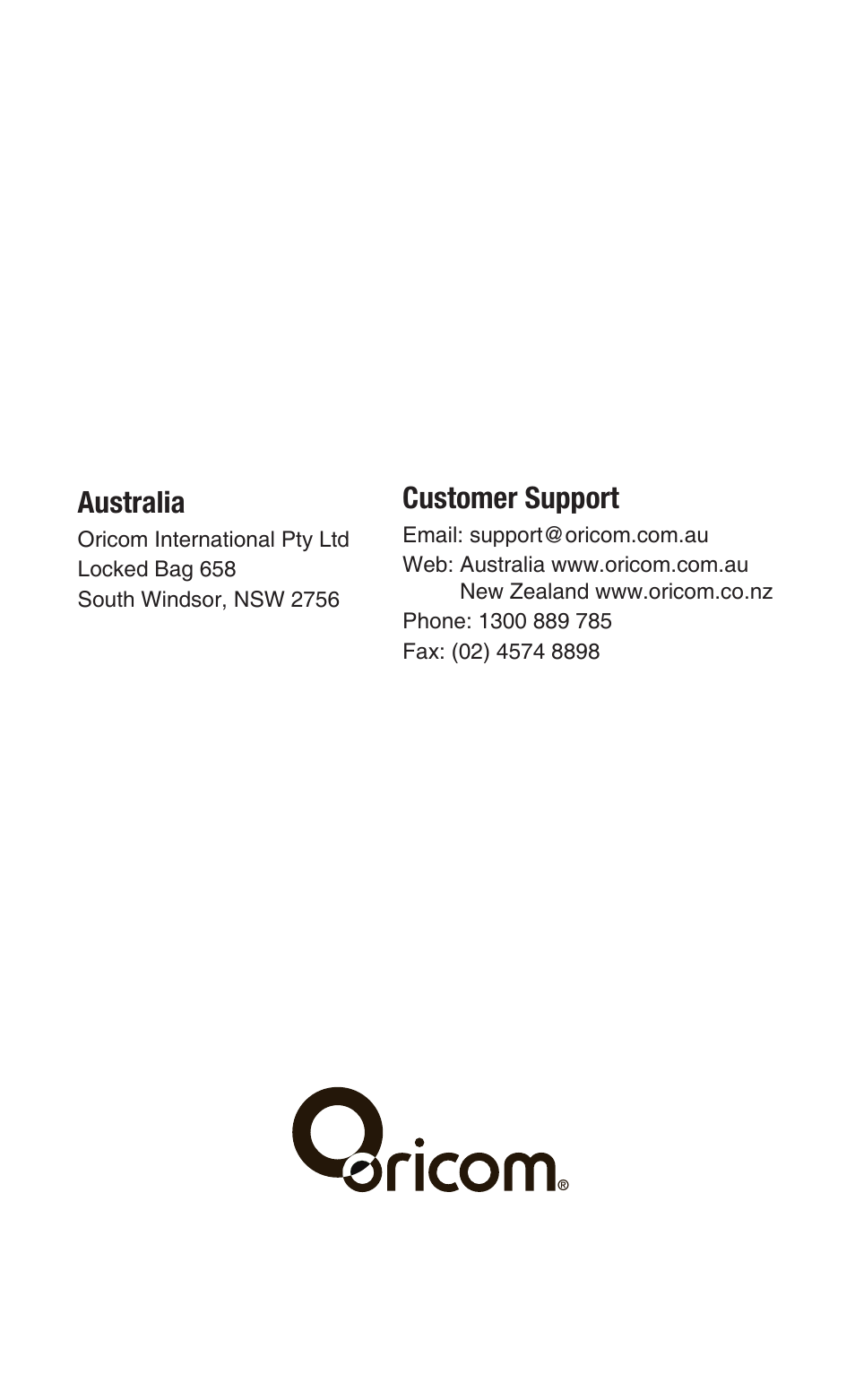 Australia, Customer support | Oricom PMR755 User Manual | Page 20 / 20