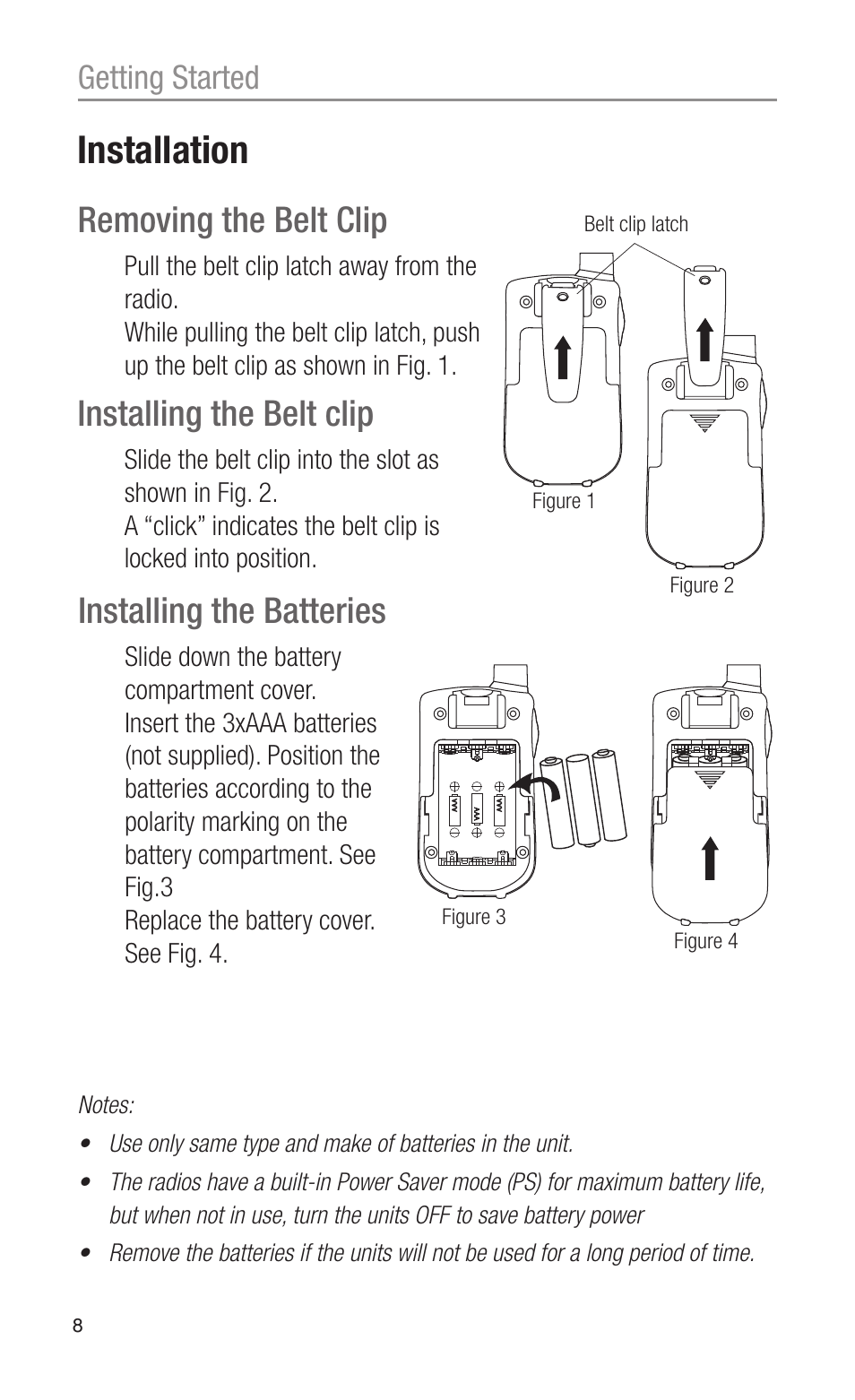 Installation, Removing the belt clip, Installing the belt clip | Installing the batteries, Getting started | Oricom PMR755 User Manual | Page 8 / 20