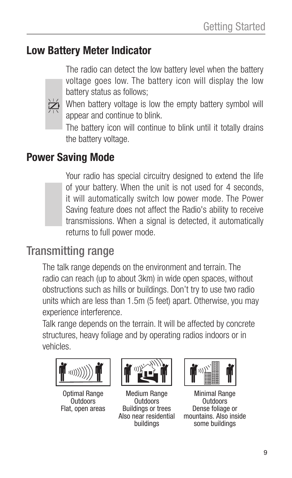 Transmitting range, Getting started low battery meter indicator, Power saving mode | Oricom PMR755 User Manual | Page 9 / 20