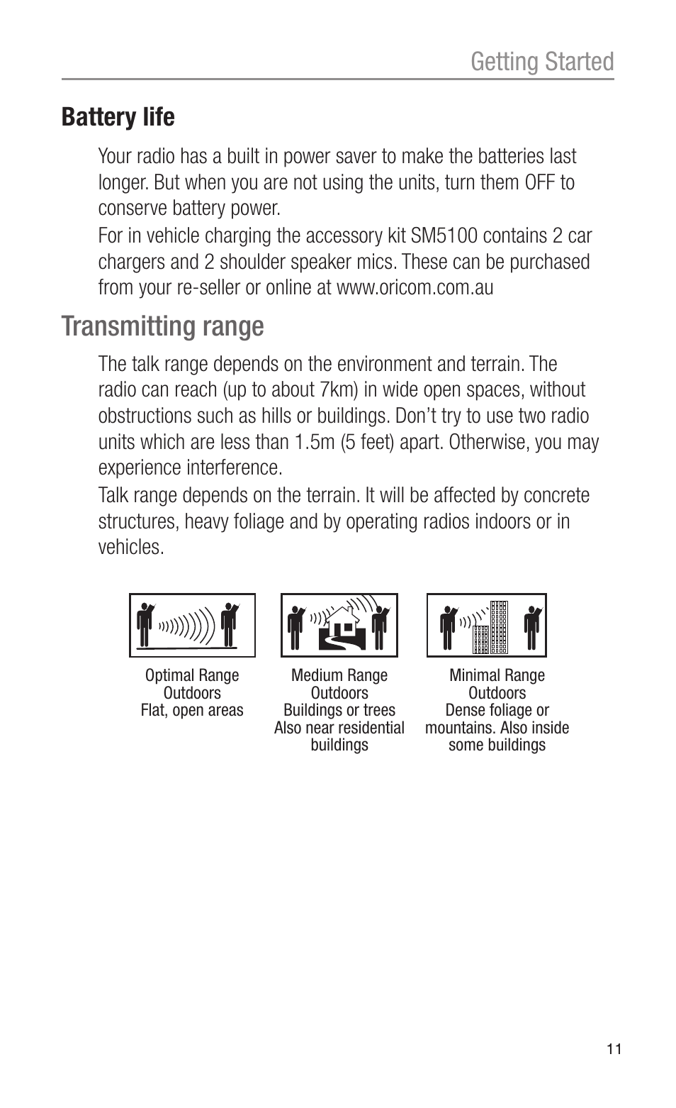 Transmitting range, Getting started battery life | Oricom CITIZEN BAND RADIO PMR1200 User Manual | Page 11 / 28