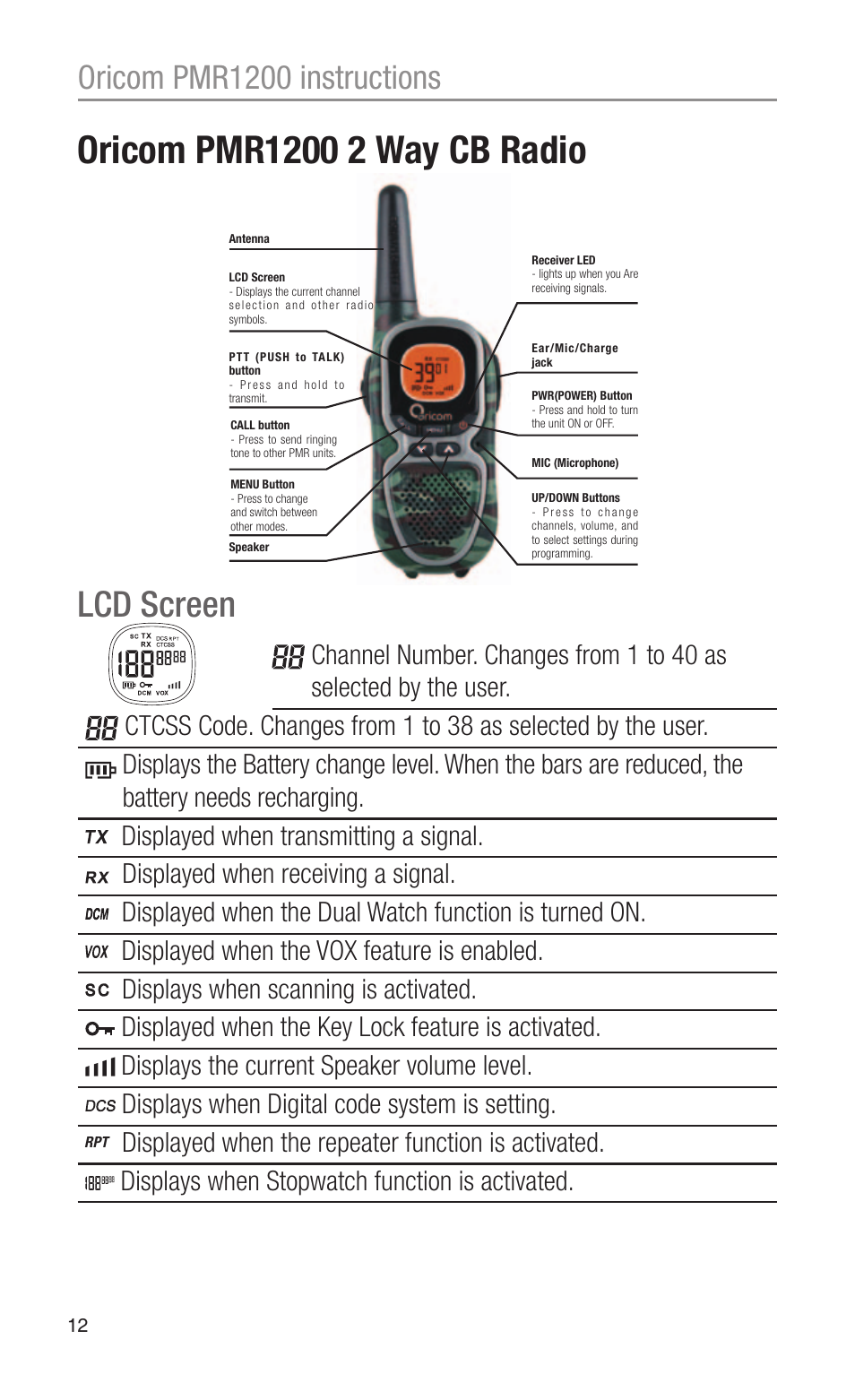 Lcd screen, Oricom pmr1200 instructions | Oricom CITIZEN BAND RADIO PMR1200 User Manual | Page 12 / 28