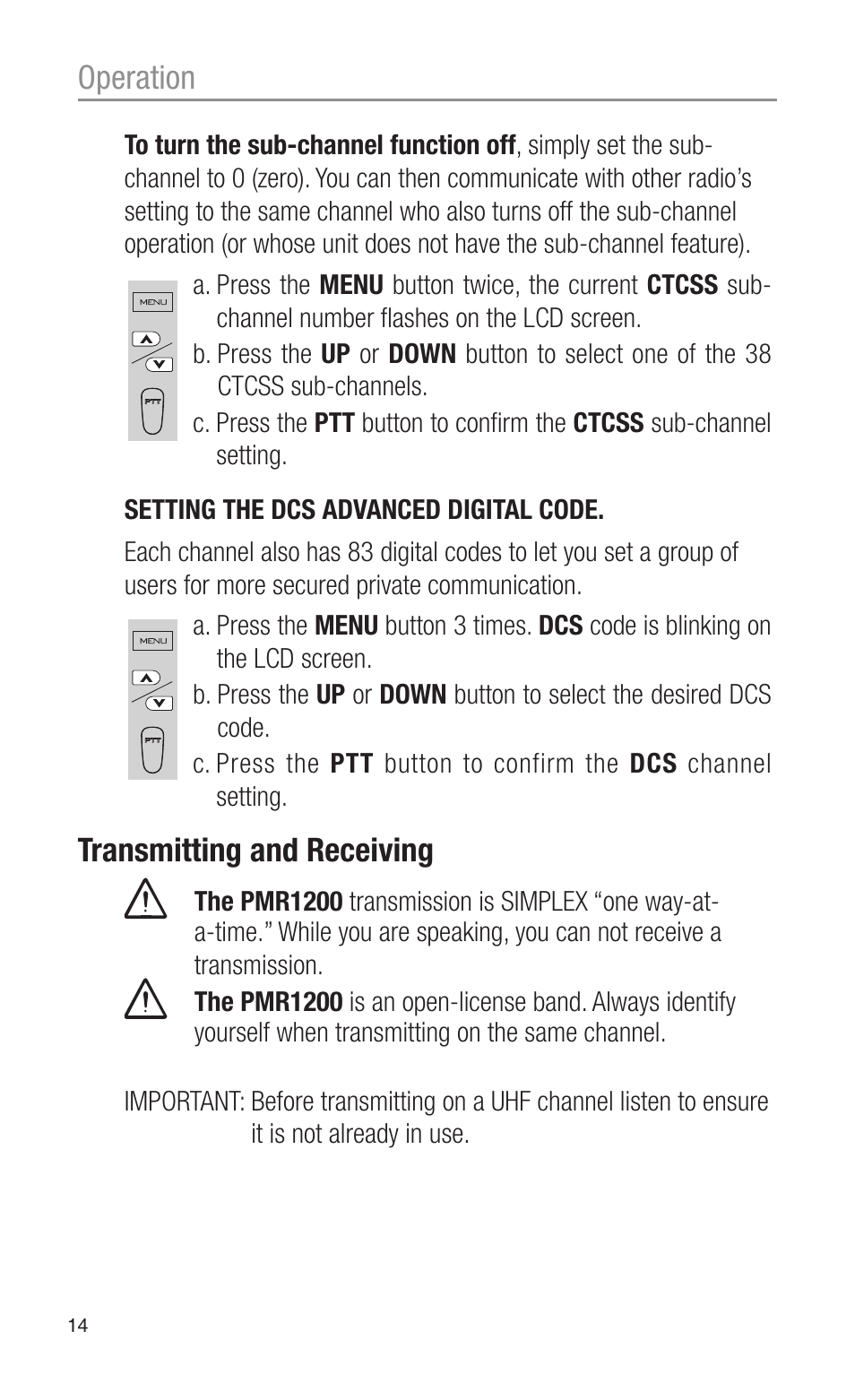 Operation, Transmitting and receiving | Oricom CITIZEN BAND RADIO PMR1200 User Manual | Page 14 / 28