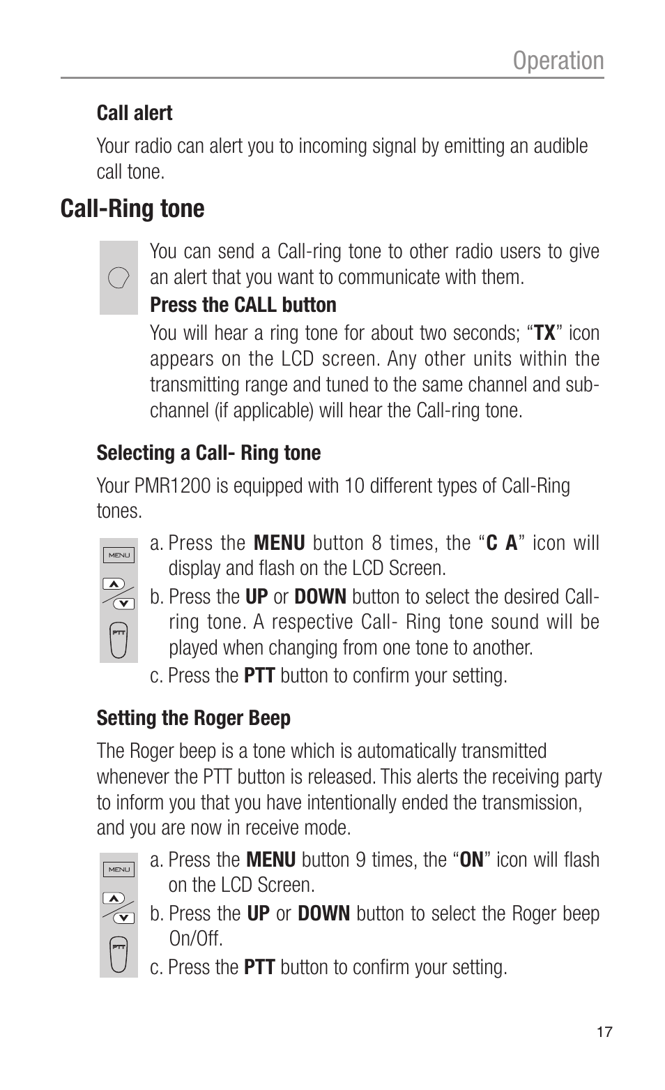 Operation, Call-ring tone | Oricom CITIZEN BAND RADIO PMR1200 User Manual | Page 17 / 28