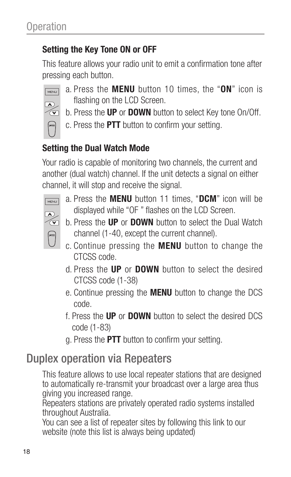 Duplex operation via repeaters, Operation | Oricom CITIZEN BAND RADIO PMR1200 User Manual | Page 18 / 28