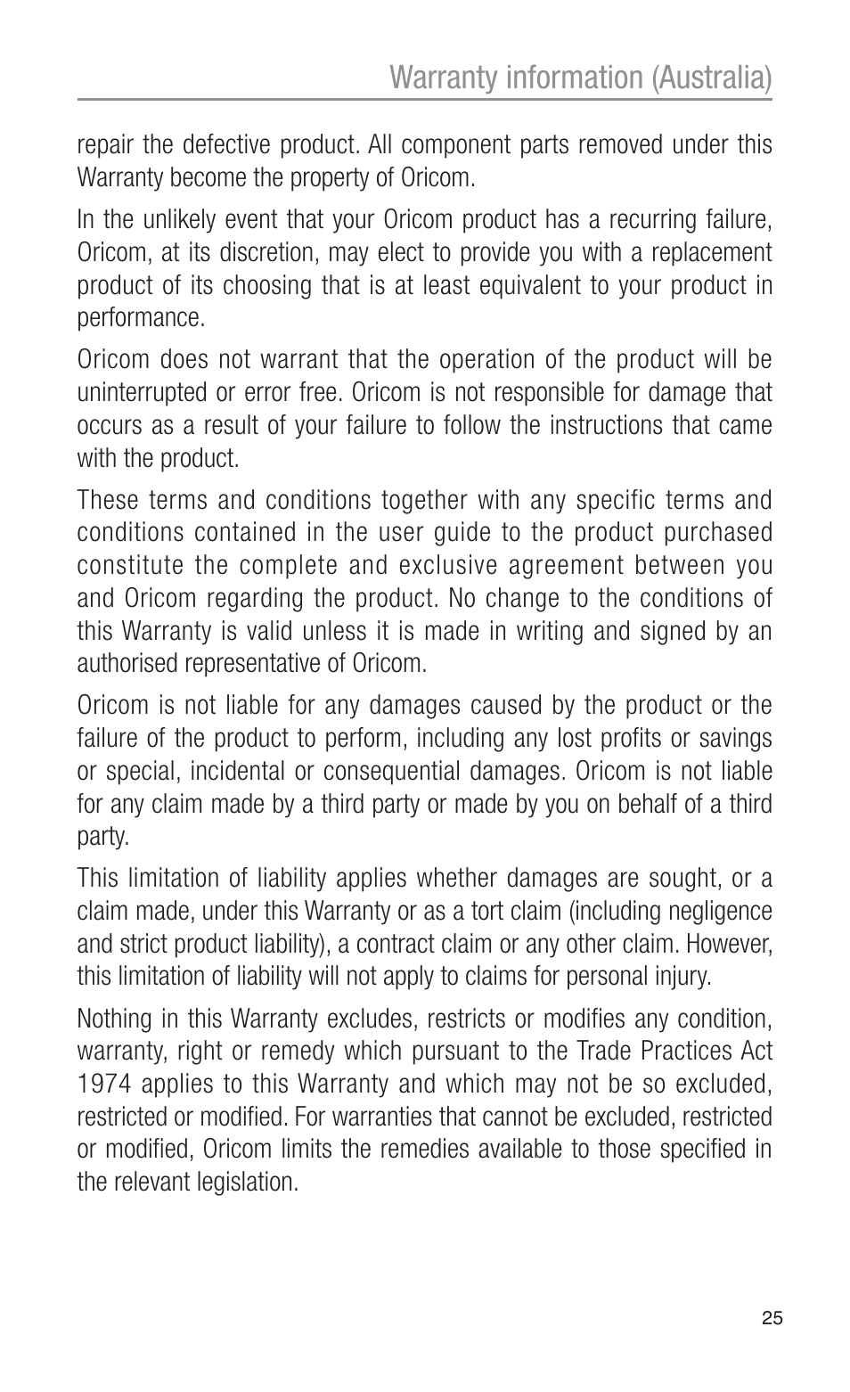 Warranty information (australia) | Oricom CITIZEN BAND RADIO PMR1200 User Manual | Page 25 / 28