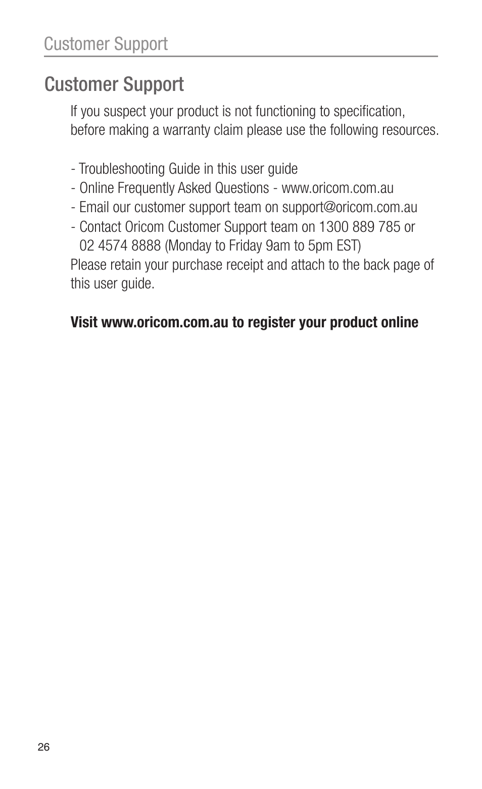 Customer support | Oricom CITIZEN BAND RADIO PMR1200 User Manual | Page 26 / 28