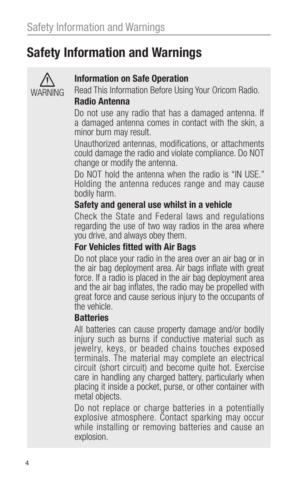 Safety information and warnings | Oricom CITIZEN BAND RADIO PMR1200 User Manual | Page 4 / 28