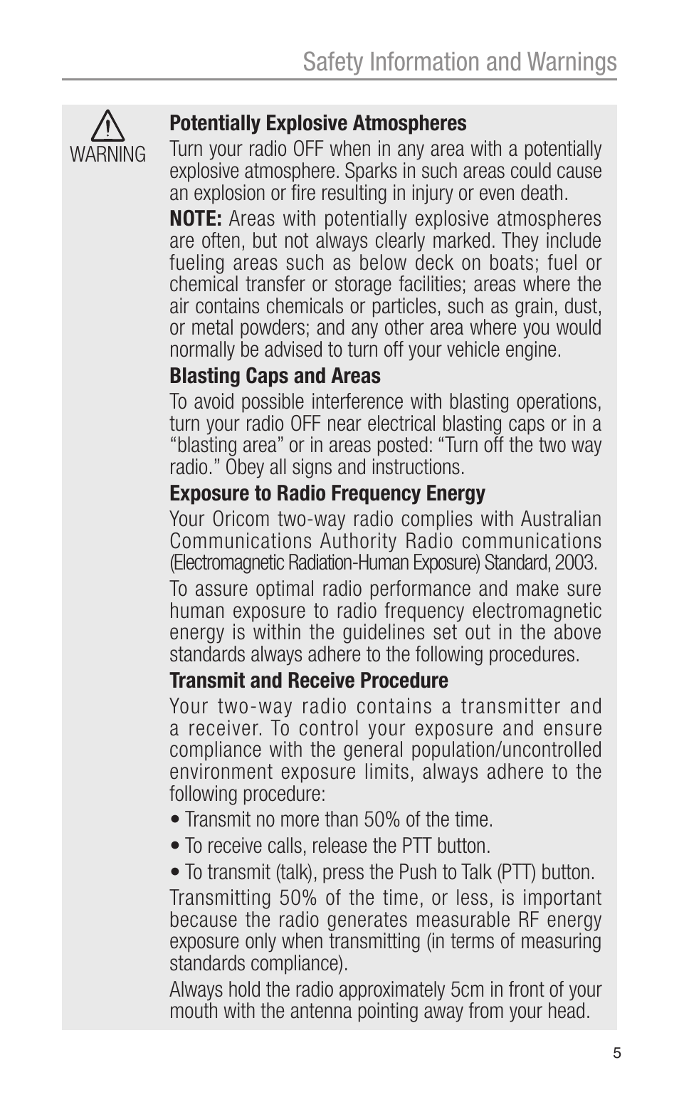 Safety information and warnings | Oricom CITIZEN BAND RADIO PMR1200 User Manual | Page 5 / 28