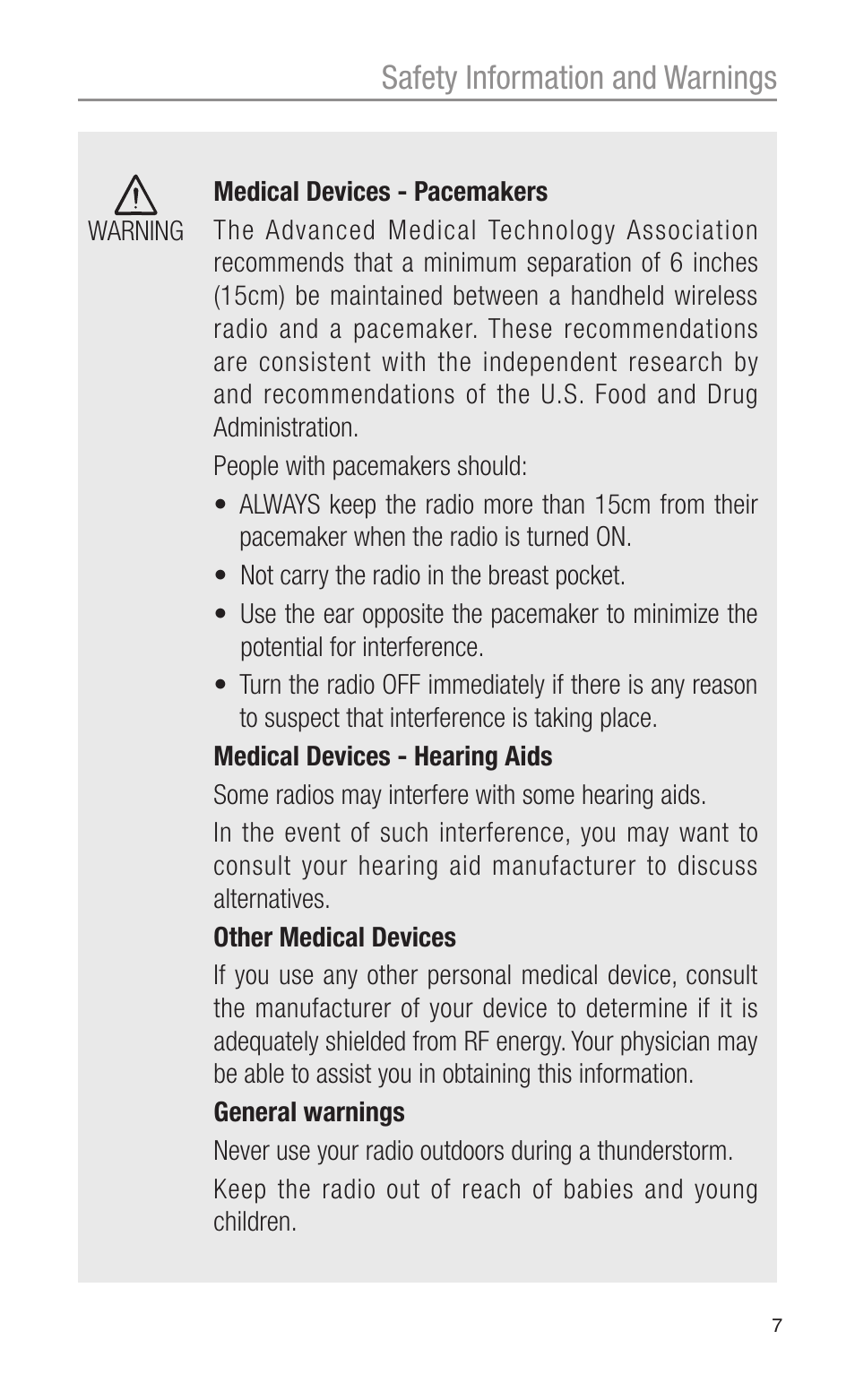 Safety information and warnings | Oricom CITIZEN BAND RADIO PMR1200 User Manual | Page 7 / 28