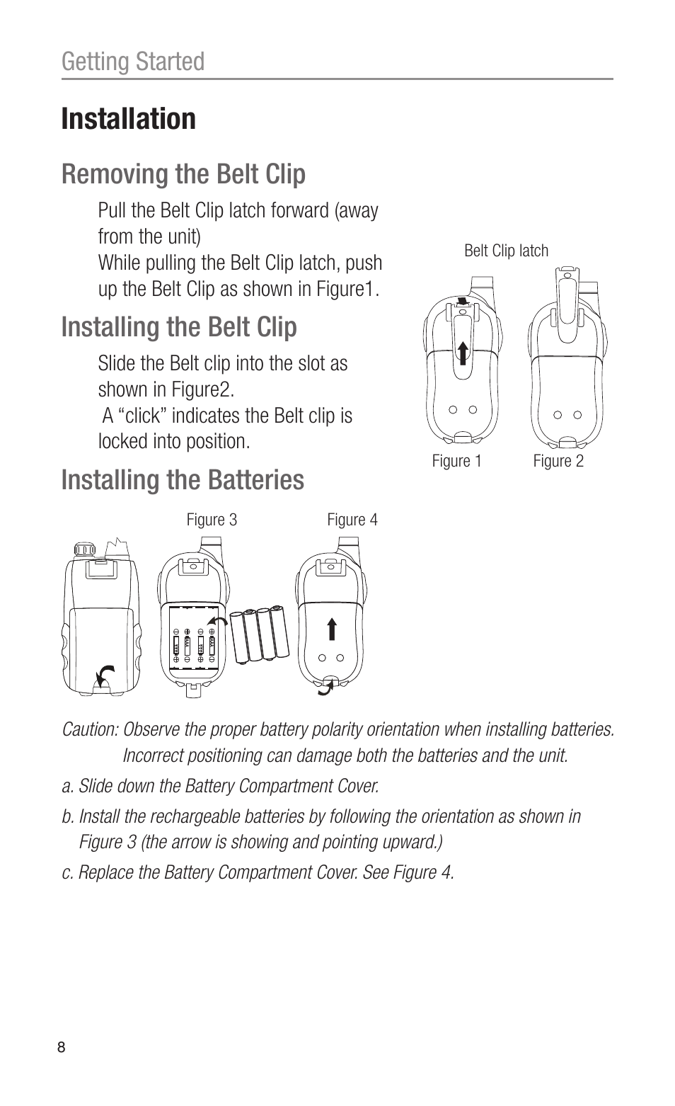 Installation, Removing the belt clip, Installing the belt clip | Installing the batteries, Getting started | Oricom CITIZEN BAND RADIO PMR1200 User Manual | Page 8 / 28