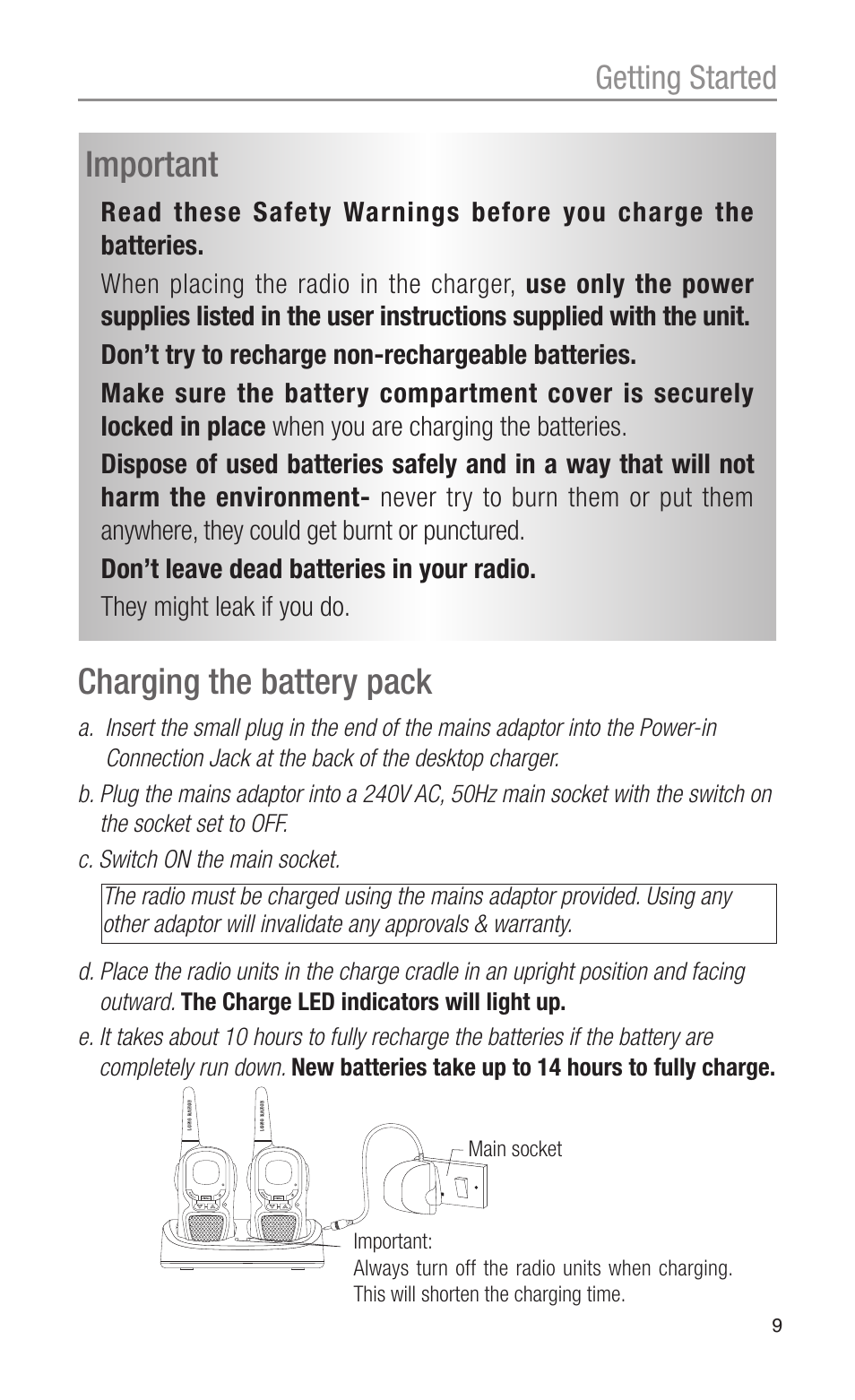 Charging the battery pack, Important, Getting started | Oricom CITIZEN BAND RADIO PMR1200 User Manual | Page 9 / 28