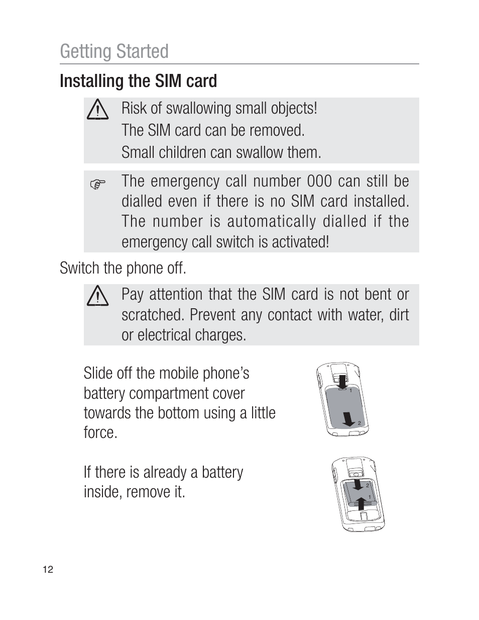 Getting started, Installing the sim card | Oricom EZY100 User Manual | Page 12 / 88