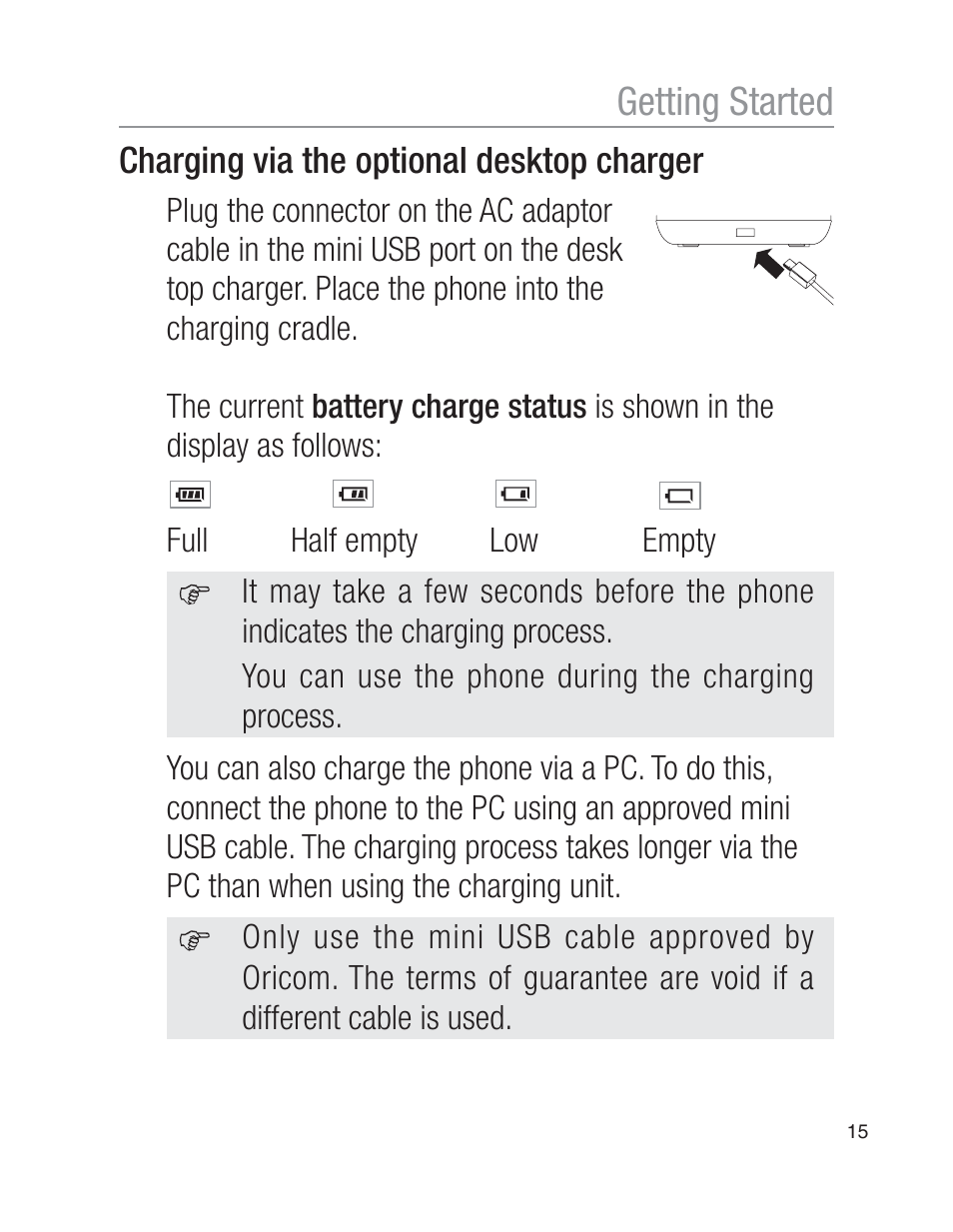 Getting started, Charging via the optional desktop charger | Oricom EZY100 User Manual | Page 15 / 88