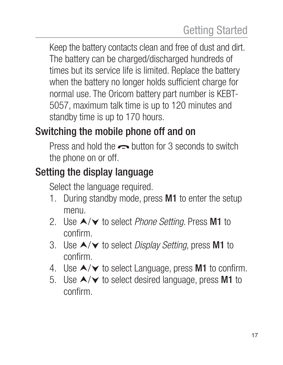 Getting started | Oricom EZY100 User Manual | Page 17 / 88