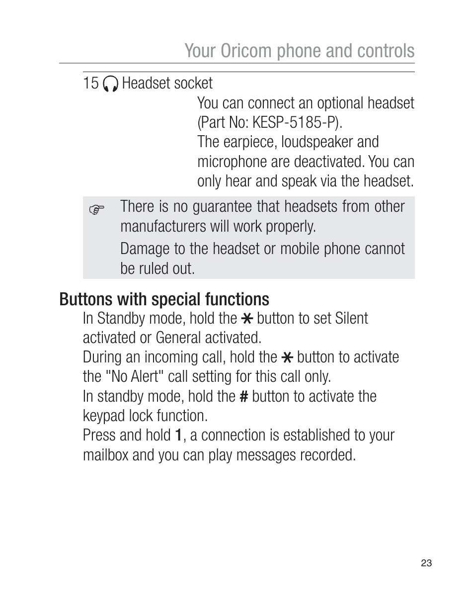 Your oricom phone and controls, Buttons with special functions | Oricom EZY100 User Manual | Page 23 / 88