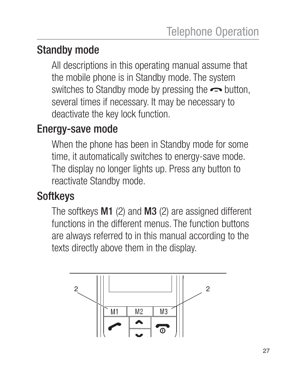 Telephone operation, Standby mode, Energy-save mode | Softkeys | Oricom EZY100 User Manual | Page 27 / 88