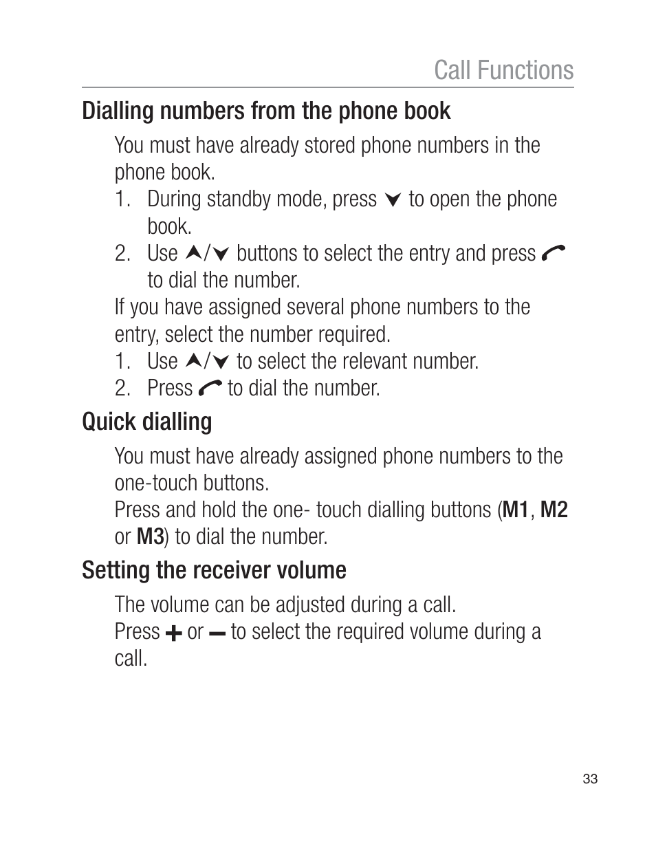 Call functions | Oricom EZY100 User Manual | Page 33 / 88