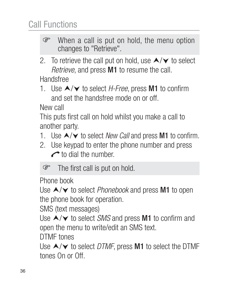 Call functions | Oricom EZY100 User Manual | Page 36 / 88