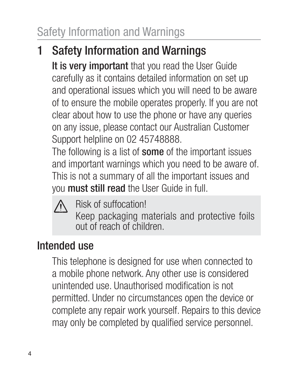 1 safety information and warnings, Safety information and warnings | Oricom EZY100 User Manual | Page 4 / 88