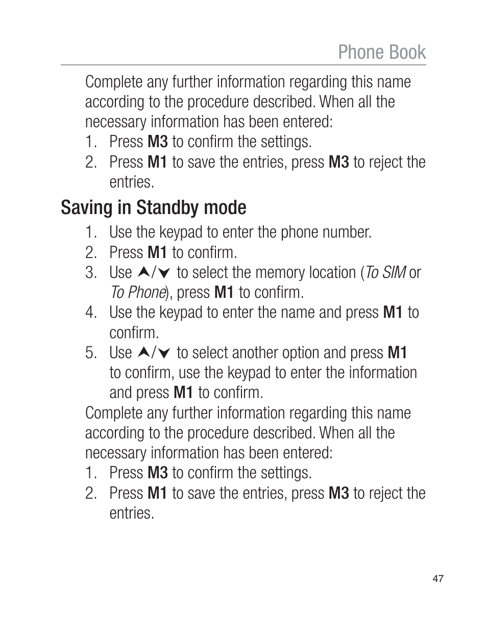 Saving in standby mode, Phone book | Oricom EZY100 User Manual | Page 47 / 88