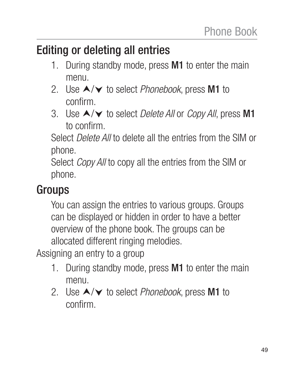 Editing or deleting all entries, Groups, Phone book | Oricom EZY100 User Manual | Page 49 / 88