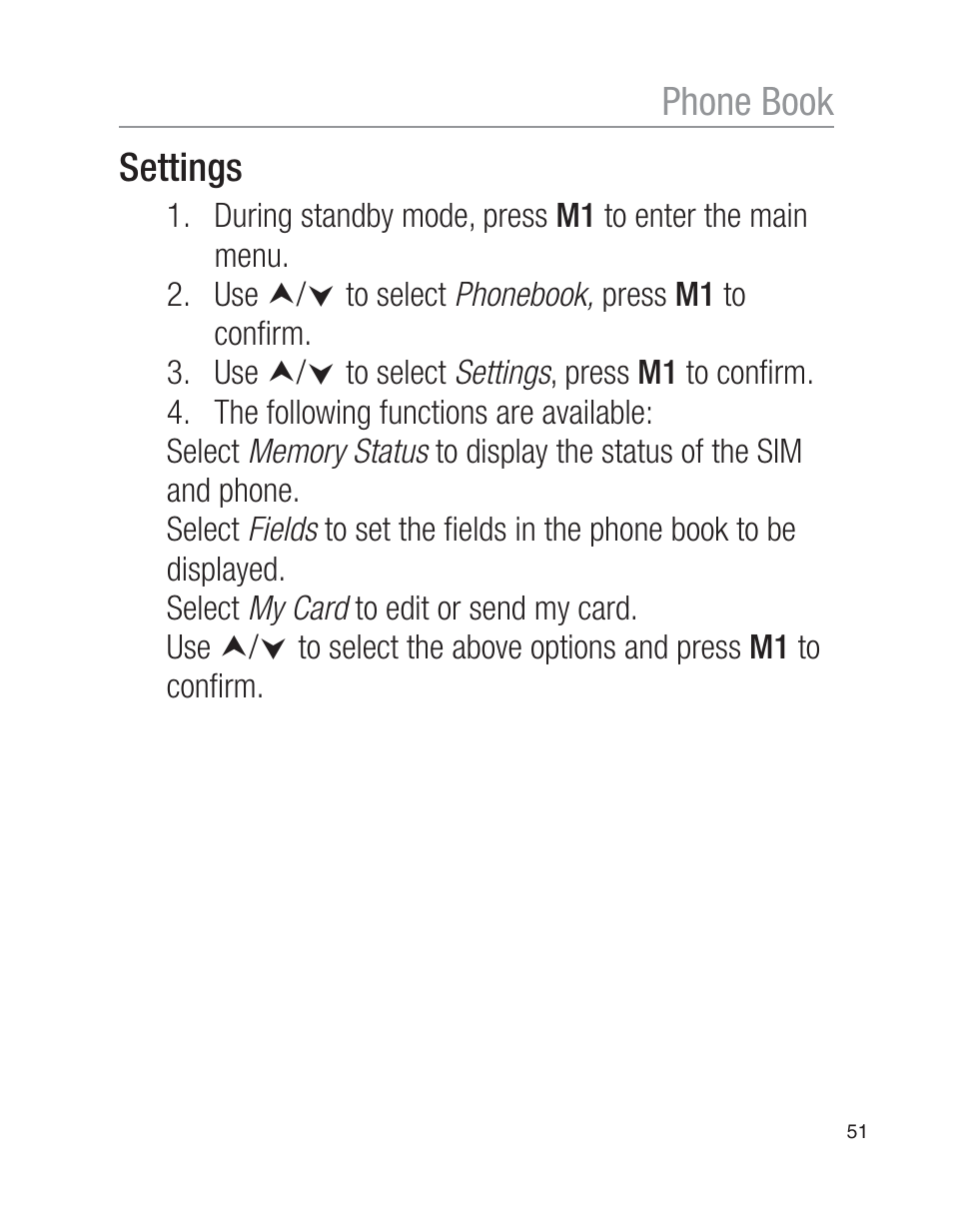 Settings, Phone book | Oricom EZY100 User Manual | Page 51 / 88