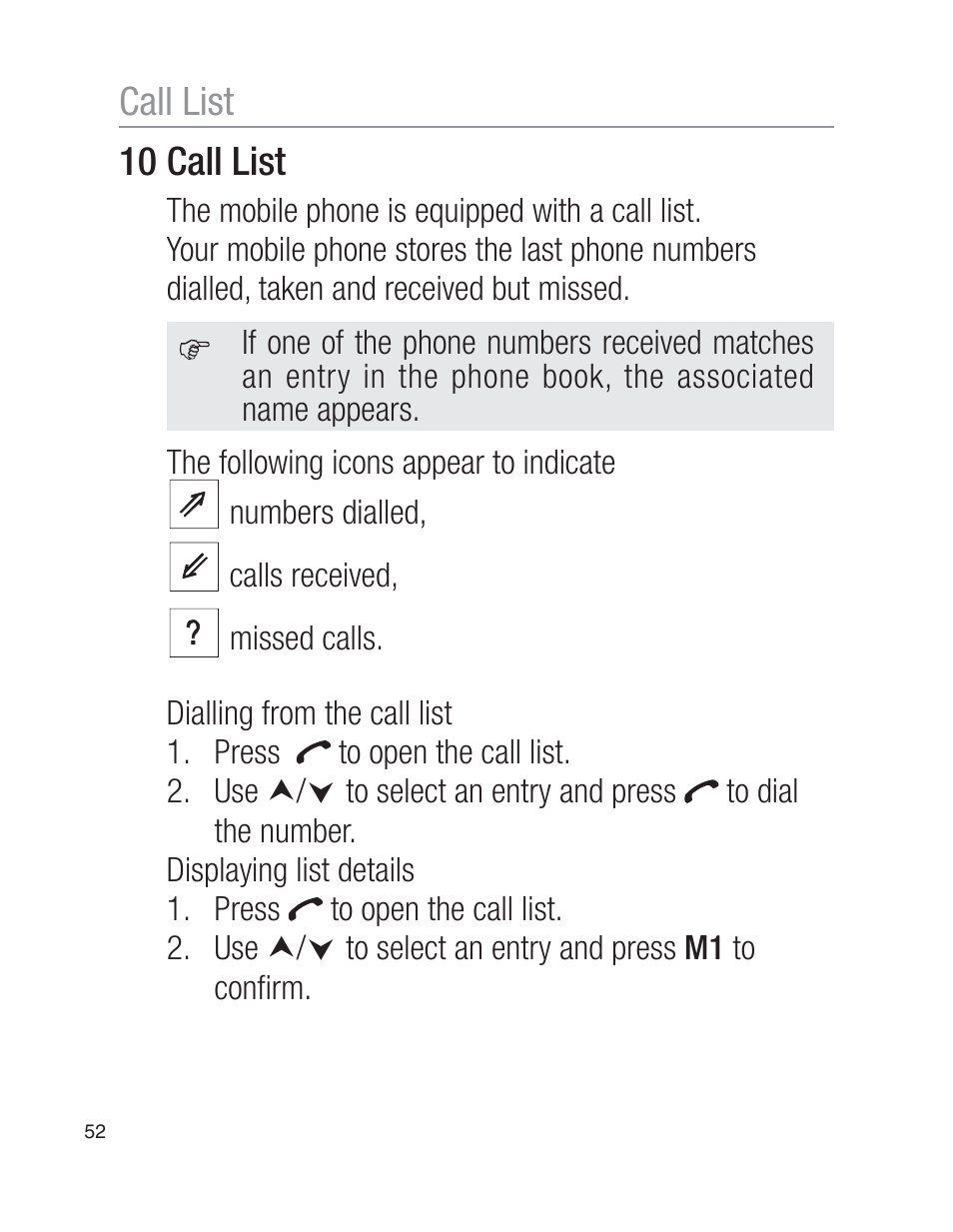 Call list 10 call list | Oricom EZY100 User Manual | Page 52 / 88