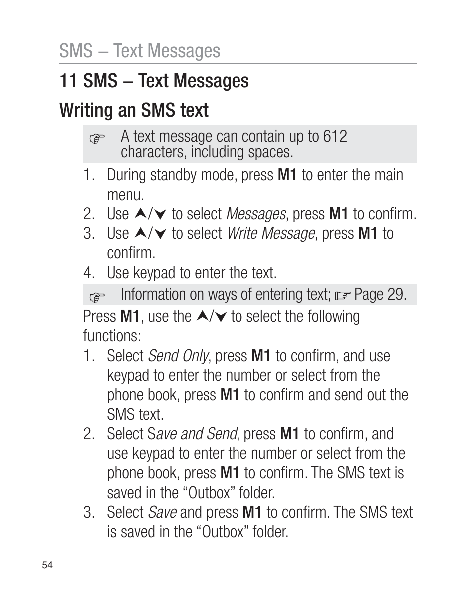 11 sms − text messages writing an sms text, Sms − text messages | Oricom EZY100 User Manual | Page 54 / 88