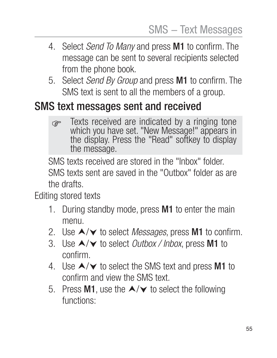 Sms text messages sent and received, Sms − text messages | Oricom EZY100 User Manual | Page 55 / 88