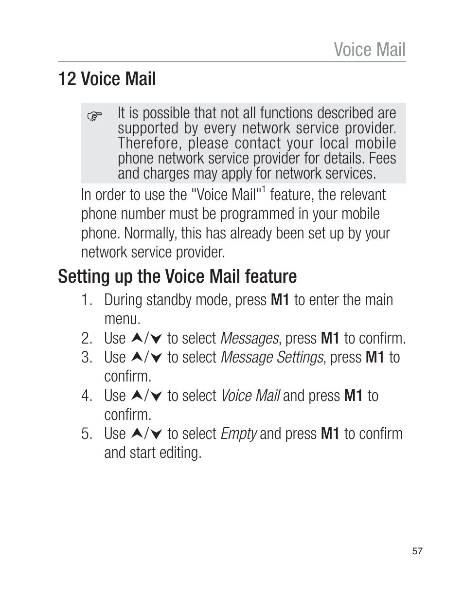 12 voice mail, Setting up the voice mail feature, Voice mail | Oricom EZY100 User Manual | Page 57 / 88