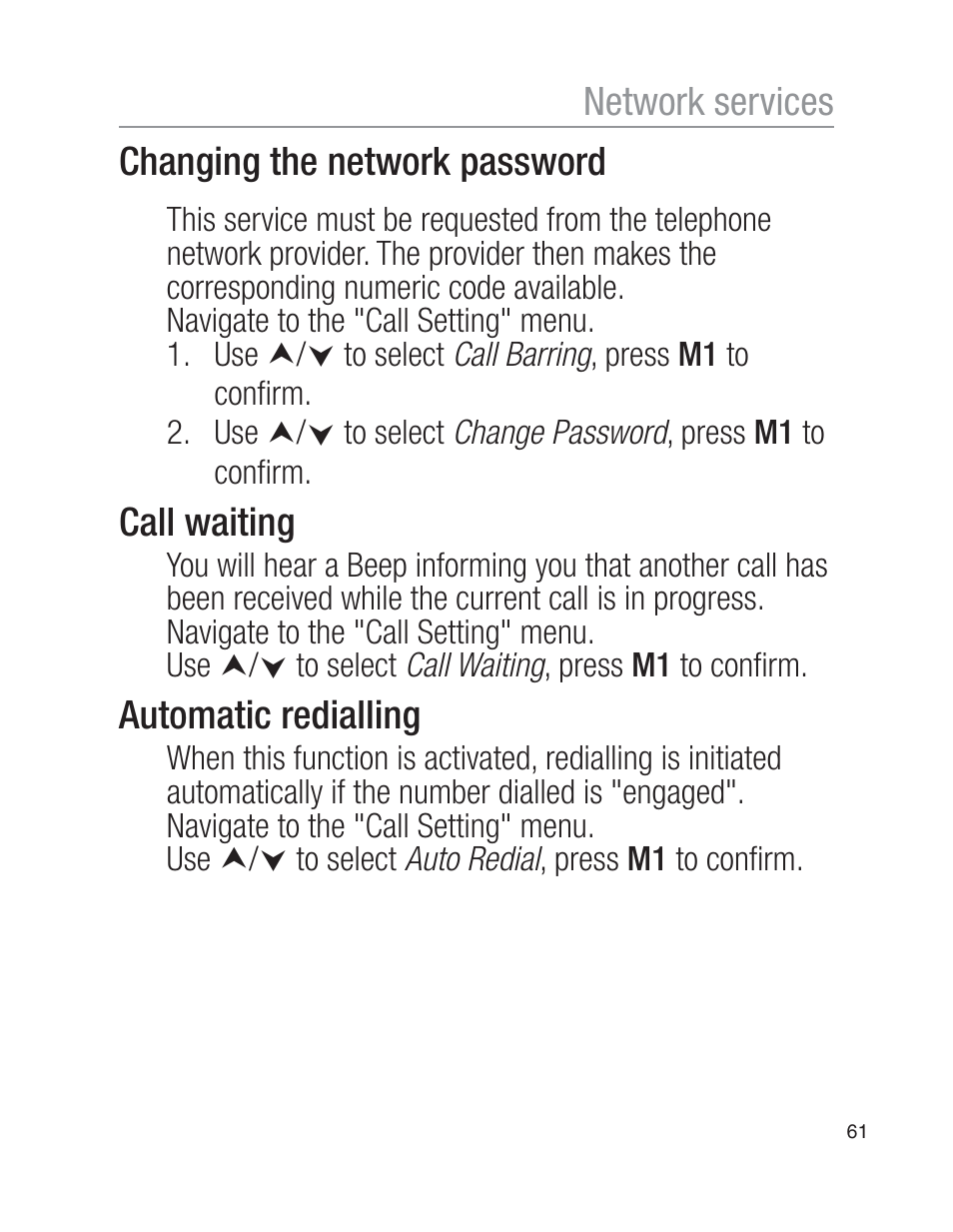 Changing the network password, Call waiting, Automatic redialling | Network services | Oricom EZY100 User Manual | Page 61 / 88