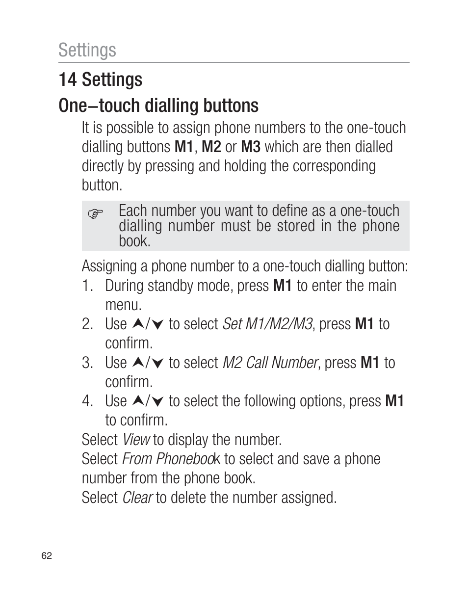 14 settings one−touch dialling buttons, Settings | Oricom EZY100 User Manual | Page 62 / 88