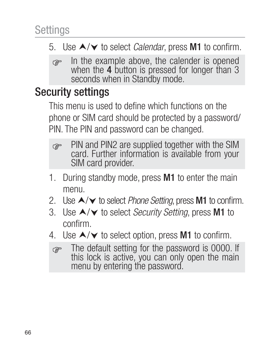 Settings, Security settings | Oricom EZY100 User Manual | Page 66 / 88