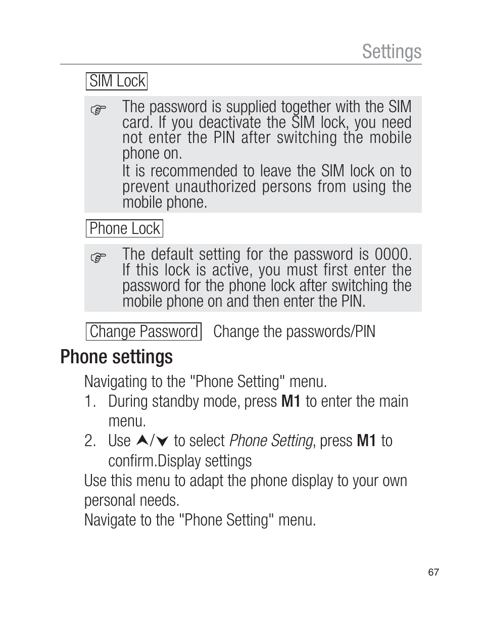 Settings, Phone settings, Change password change the passwords/pin | Oricom EZY100 User Manual | Page 67 / 88