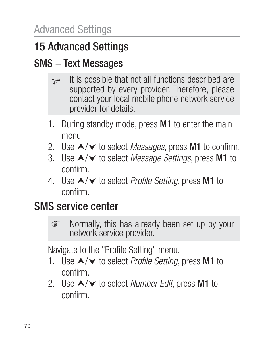 15 advanced settings, Sms service center, Advanced settings | Oricom EZY100 User Manual | Page 70 / 88