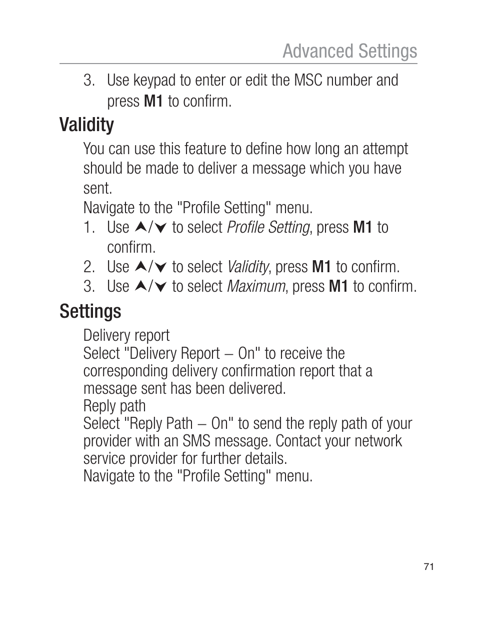 Validity, Settings, Advanced settings | Oricom EZY100 User Manual | Page 71 / 88