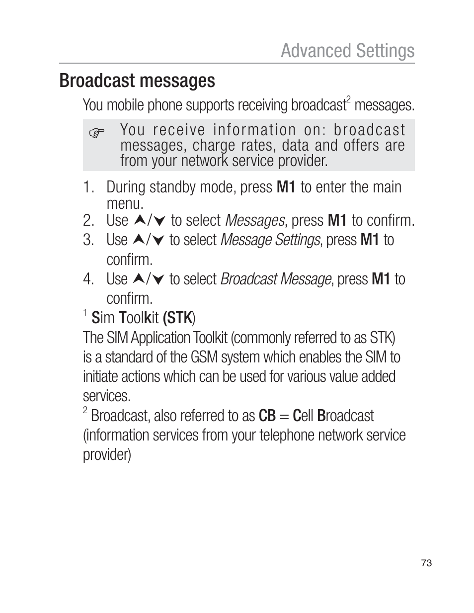 Broadcast messages, Advanced settings | Oricom EZY100 User Manual | Page 73 / 88