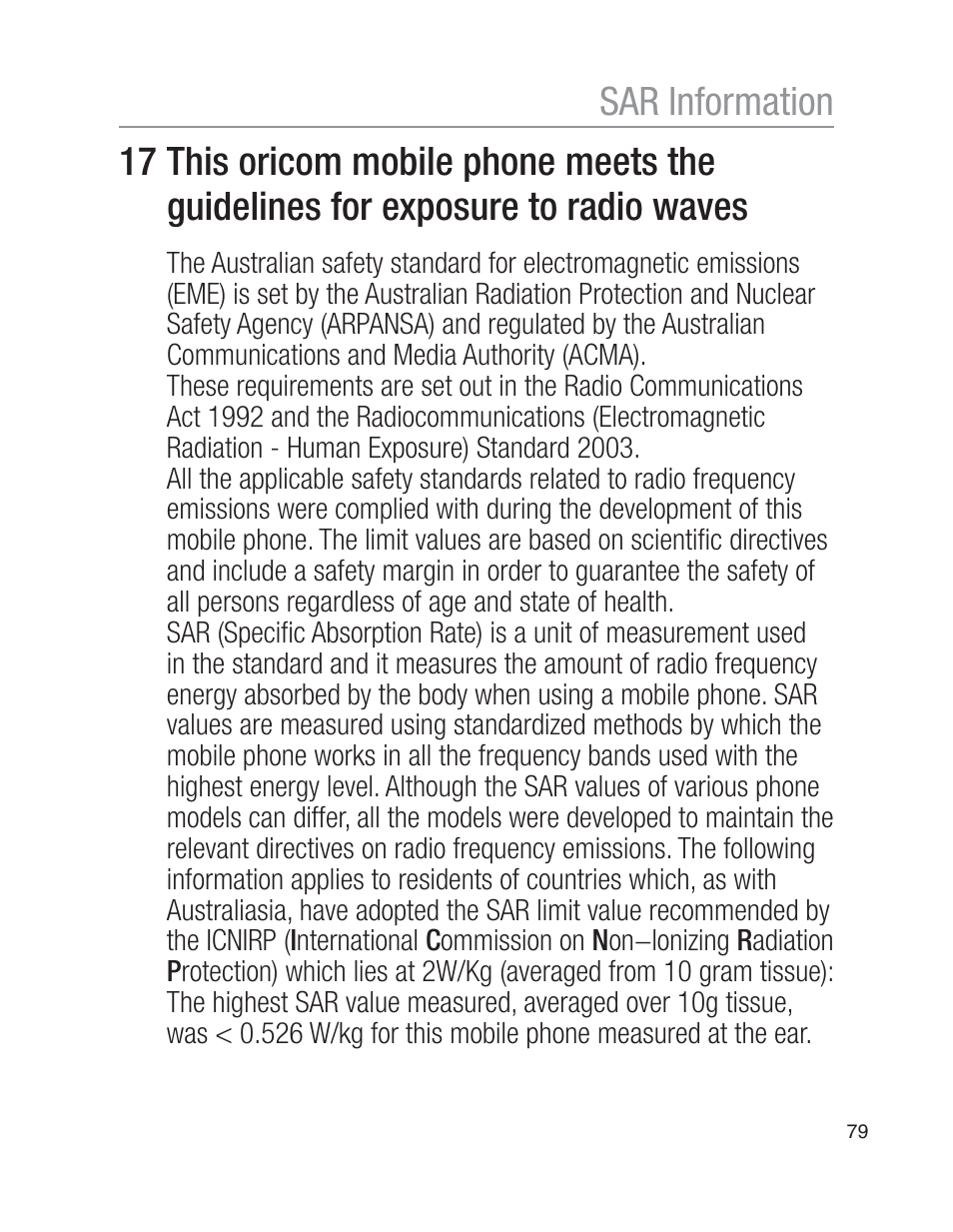 Sar information | Oricom EZY100 User Manual | Page 79 / 88