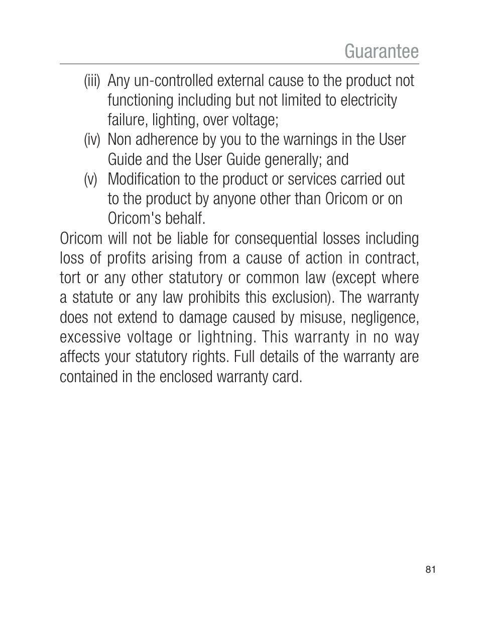 Guarantee | Oricom EZY100 User Manual | Page 81 / 88