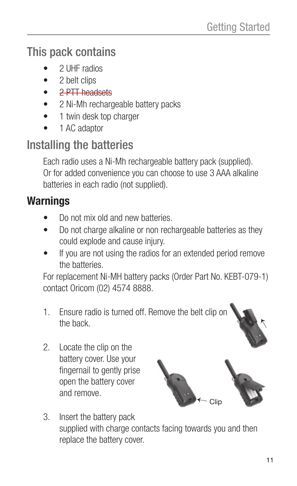 This pack contains, Installing the batteries, Warnings | Getting started | Oricom PMR3000 User Manual | Page 11 / 28