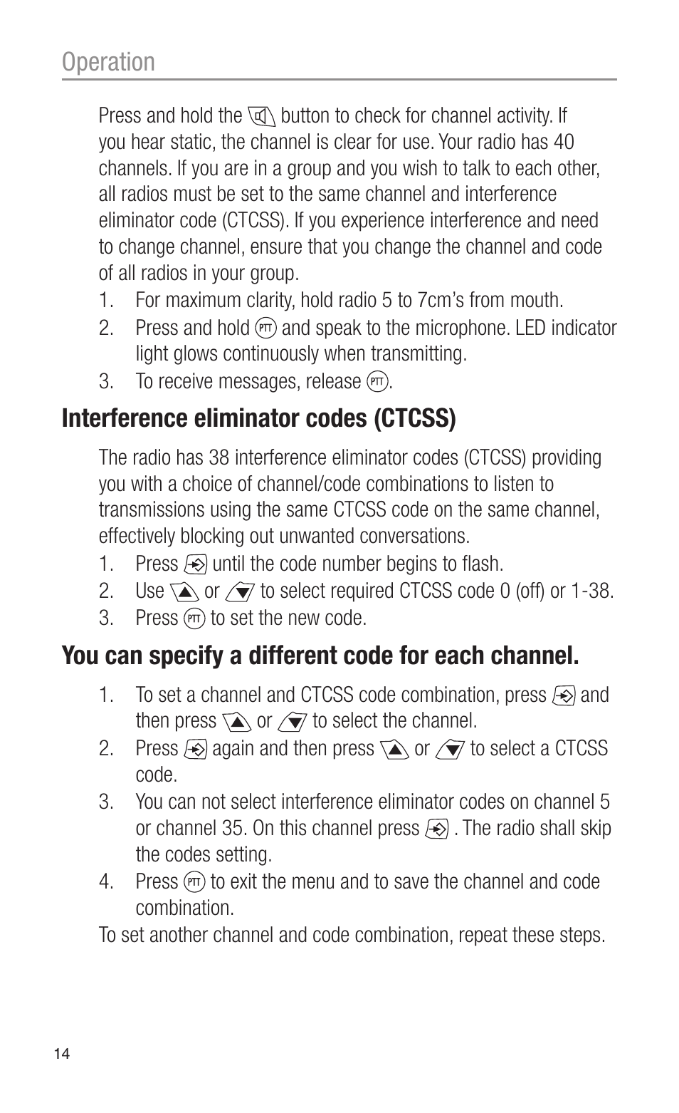 Operation, Interference eliminator codes (ctcss), You can specify a different code for each channel | Oricom PMR3000 User Manual | Page 14 / 28