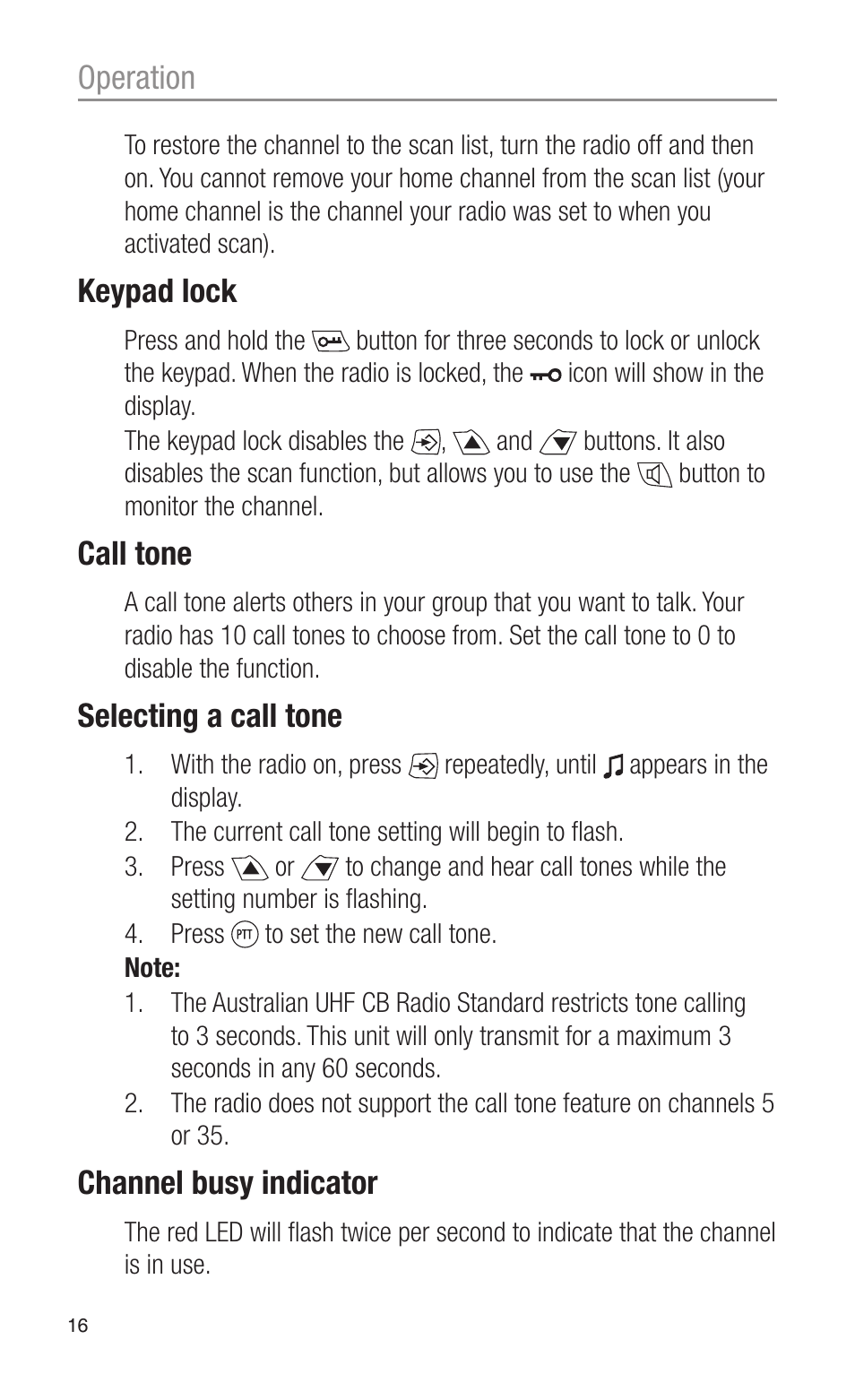 Operation, Keypad lock, Call tone | Selecting a call tone, Channel busy indicator | Oricom PMR3000 User Manual | Page 16 / 28